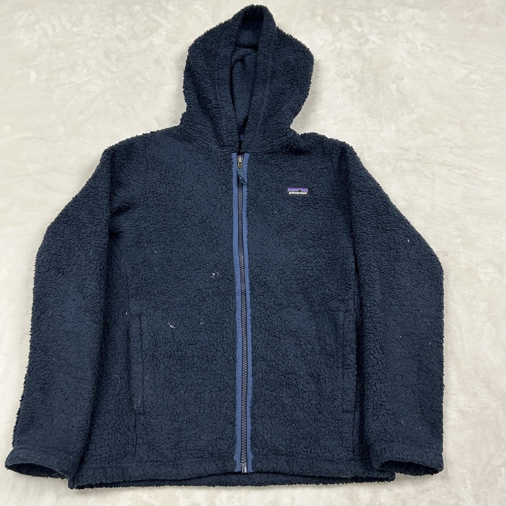 Patagonia Los Gatos Hooded Fleece Jacket Kids XL 14 Navy Blue Full Zip Sherpa